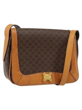 Authentic CELINE Macadam Canvas Shoulder Bag PVC Leather Brown Gold